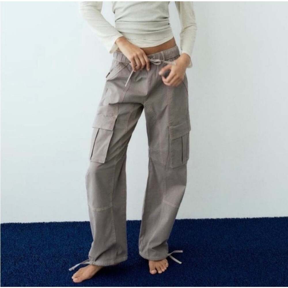 NWOT Zara Wide Leg Cargo Pants Women’s 6 Taupe Gray Drawstring Utility Parachute